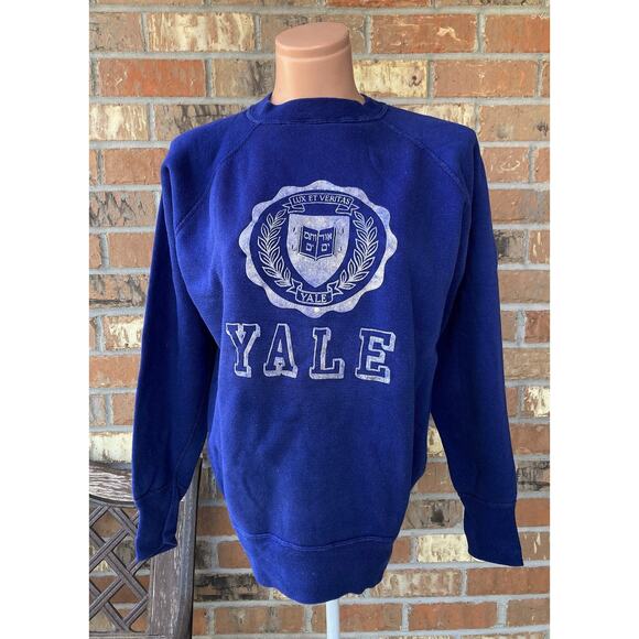 Rare! Fits as Sz L YALE University Flock Print Sweatshirt Blue Vintage 60s Minty - Picture 1 of 9